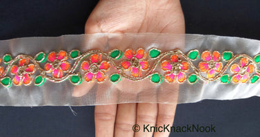 Gold Sheer Tissue Fabric Trim With Embroidered Pink / Blue, Orange, Green & Gold Flowers